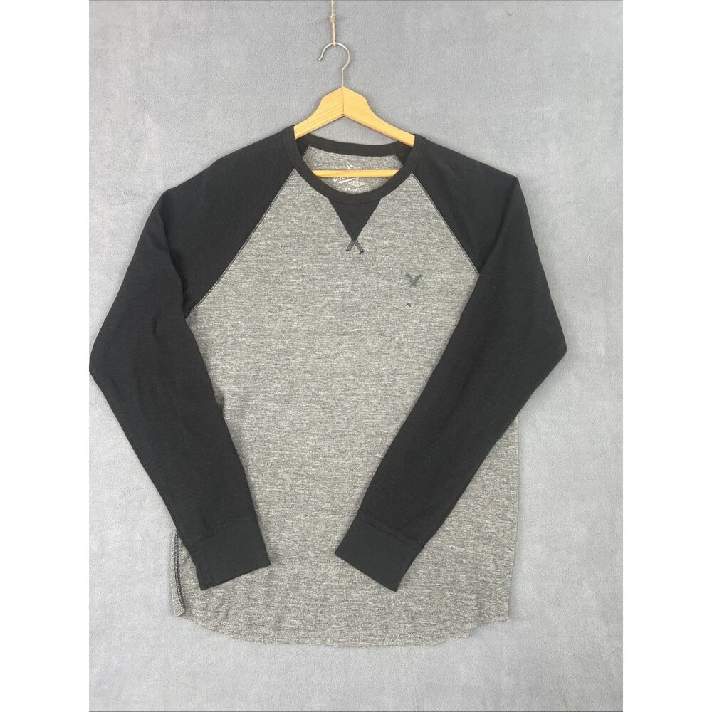 American Eagle Outfitters Thermal Shirt Men XL Gray Black Logo Crew Neck Y2K - Picture 2 of 9